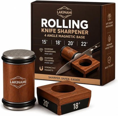 Rolling Knife Sharpener | Kitchen Knife Sharpening Kit | Magnetic holder with 15°, 18°, 20° & 22° angles and dual diamond discs for fast, precise knife sharpening