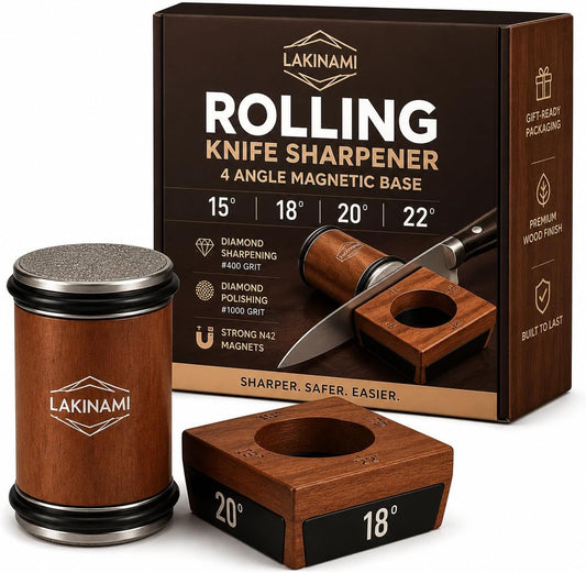 Rolling Knife Sharpener | Kitchen Knife Sharpening Kit | Magnetic holder with 15°, 18°, 20° & 22° angles and dual diamond discs for fast, precise knife sharpening