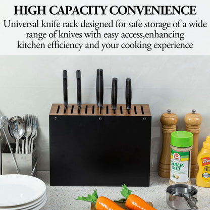 MyGift 13 Slot Deluxe Natural Acacia Solid Wood and Matte Black Metal Universal Knife Block, Kitchen Countertop Cutlery Holder, Safe Blade Storage Knives Rack