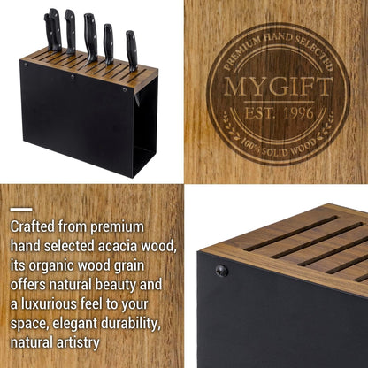 MyGift 13 Slot Deluxe Natural Acacia Solid Wood and Matte Black Metal Universal Knife Block, Kitchen Countertop Cutlery Holder, Safe Blade Storage Knives Rack