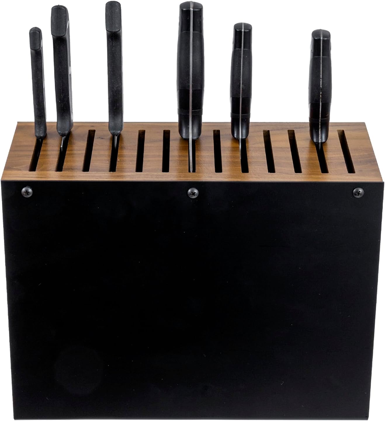 MyGift 13 Slot Deluxe Natural Acacia Solid Wood and Matte Black Metal Universal Knife Block, Kitchen Countertop Cutlery Holder, Safe Blade Storage Knives Rack