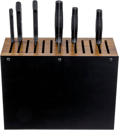 MyGift 13 Slot Deluxe Natural Acacia Solid Wood and Matte Black Metal Universal Knife Block, Kitchen Countertop Cutlery Holder, Safe Blade Storage Knives Rack