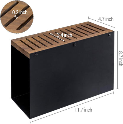 MyGift 13 Slot Deluxe Natural Acacia Solid Wood and Matte Black Metal Universal Knife Block, Kitchen Countertop Cutlery Holder, Safe Blade Storage Knives Rack