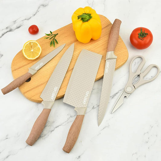 Kitchen Knife Set, 6-Pieces Khaki Sharp Knife Block Sets for Kitchen, Non-stick Non-slip Stainless Steel Chef knives with Universal Block Suitable for Home Restaurant (Khaki)