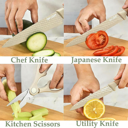 Kitchen Knife Set, 6-Pieces Khaki Sharp Knife Block Sets for Kitchen, Non-stick Non-slip Stainless Steel Chef knives with Universal Block Suitable for Home Restaurant (Khaki)