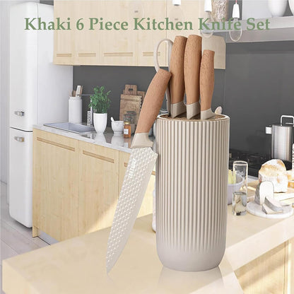 Kitchen Knife Set, 6-Pieces Khaki Sharp Knife Block Sets for Kitchen, Non-stick Non-slip Stainless Steel Chef knives with Universal Block Suitable for Home Restaurant (Khaki)