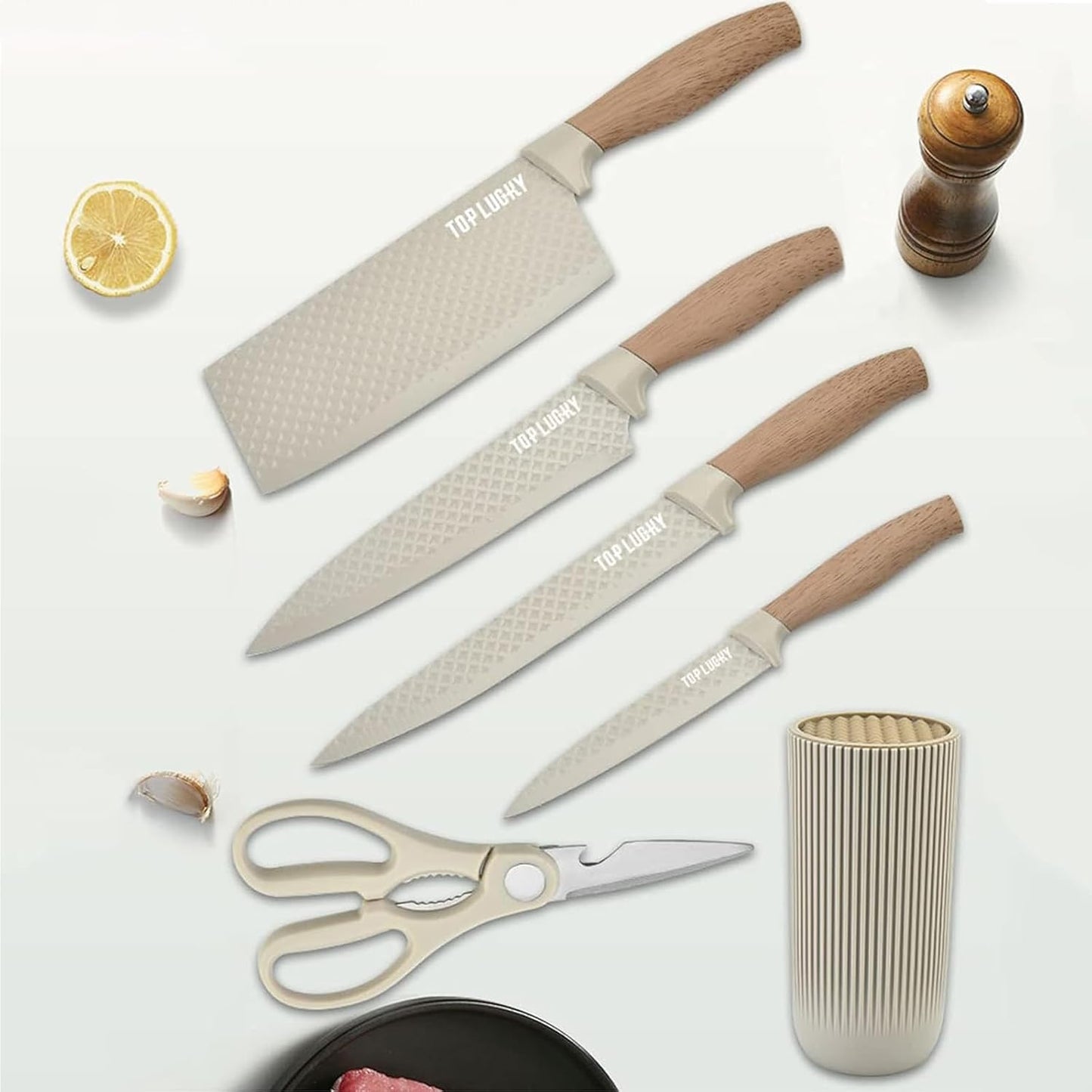 Kitchen Knife Set, 6-Pieces Khaki Sharp Knife Block Sets for Kitchen, Non-stick Non-slip Stainless Steel Chef knives with Universal Block Suitable for Home Restaurant (Khaki)