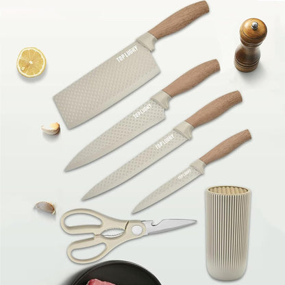 Kitchen Knife Set, 6-Pieces Khaki Sharp Knife Block Sets for Kitchen, Non-stick Non-slip Stainless Steel Chef knives with Universal Block Suitable for Home Restaurant (Khaki)