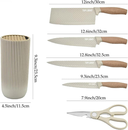 Kitchen Knife Set, 6-Pieces Khaki Sharp Knife Block Sets for Kitchen, Non-stick Non-slip Stainless Steel Chef knives with Universal Block Suitable for Home Restaurant (Khaki)
