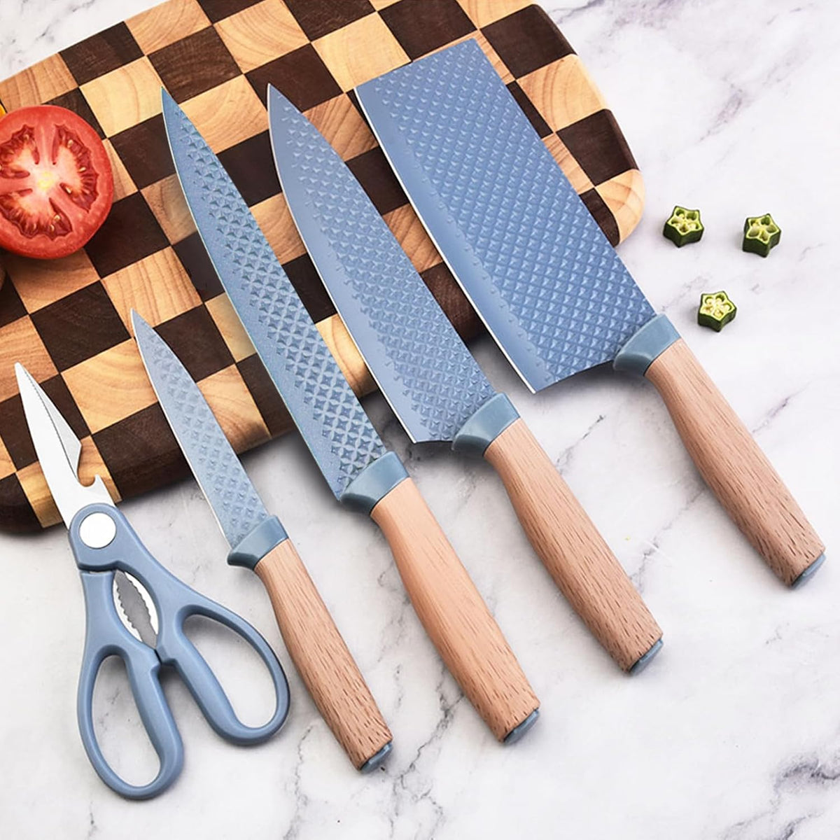 Kitchen Knife Set, 6-Pieces Khaki Sharp Knife Block Sets for Kitchen, Non-stick Non-slip Stainless Steel Chef knives with Universal Block Suitable for Home Restaurant (Khaki)