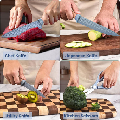 Kitchen Knife Set, 6-Pieces Khaki Sharp Knife Block Sets for Kitchen, Non-stick Non-slip Stainless Steel Chef knives with Universal Block Suitable for Home Restaurant (Khaki)