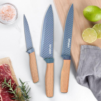 Kitchen Knife Set, 6-Pieces Khaki Sharp Knife Block Sets for Kitchen, Non-stick Non-slip Stainless Steel Chef knives with Universal Block Suitable for Home Restaurant (Khaki)