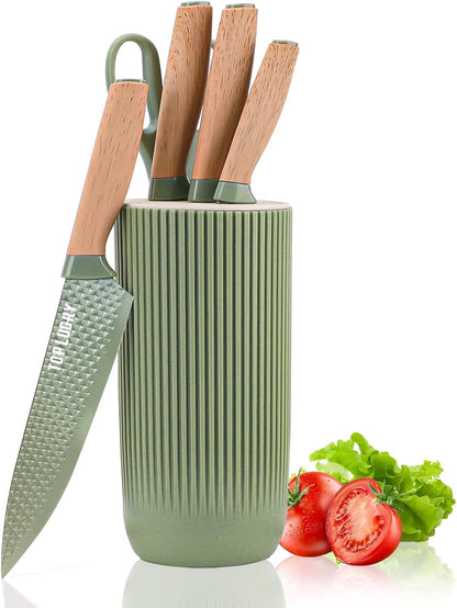 Kitchen Knife Set, 6-Pieces Khaki Sharp Knife Block Sets for Kitchen, Non-stick Non-slip Stainless Steel Chef knives with Universal Block Suitable for Home Restaurant (Khaki)