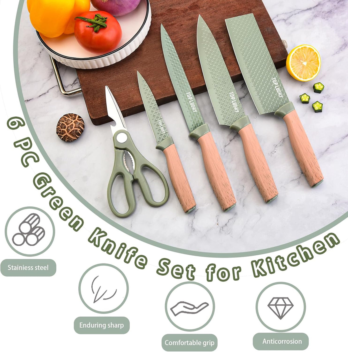 Kitchen Knife Set, 6-Pieces Khaki Sharp Knife Block Sets for Kitchen, Non-stick Non-slip Stainless Steel Chef knives with Universal Block Suitable for Home Restaurant (Khaki)