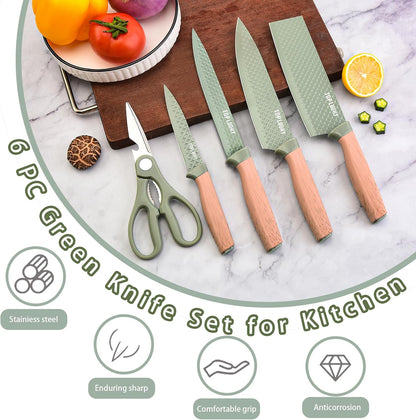 Kitchen Knife Set, 6-Pieces Khaki Sharp Knife Block Sets for Kitchen, Non-stick Non-slip Stainless Steel Chef knives with Universal Block Suitable for Home Restaurant (Khaki)