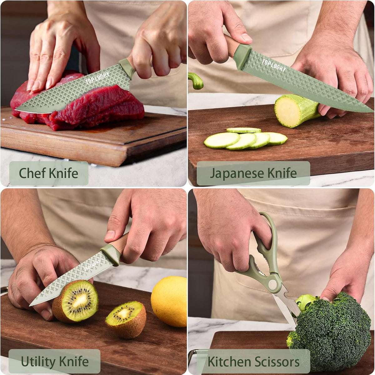 Kitchen Knife Set, 6-Pieces Khaki Sharp Knife Block Sets for Kitchen, Non-stick Non-slip Stainless Steel Chef knives with Universal Block Suitable for Home Restaurant (Khaki)
