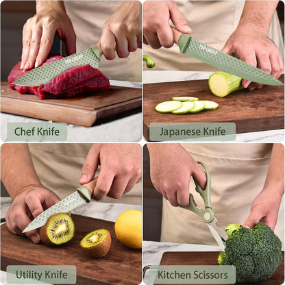 Kitchen Knife Set, 6-Pieces Khaki Sharp Knife Block Sets for Kitchen, Non-stick Non-slip Stainless Steel Chef knives with Universal Block Suitable for Home Restaurant (Khaki)