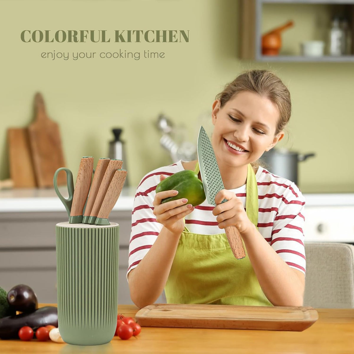 Kitchen Knife Set, 6-Pieces Khaki Sharp Knife Block Sets for Kitchen, Non-stick Non-slip Stainless Steel Chef knives with Universal Block Suitable for Home Restaurant (Khaki)