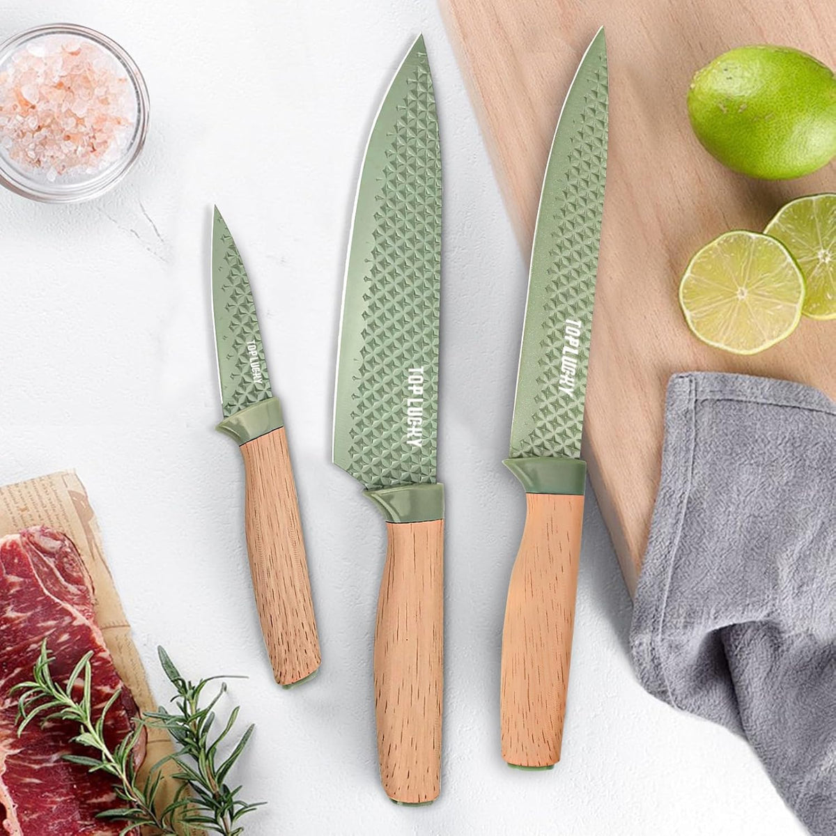 Kitchen Knife Set, 6-Pieces Khaki Sharp Knife Block Sets for Kitchen, Non-stick Non-slip Stainless Steel Chef knives with Universal Block Suitable for Home Restaurant (Khaki)