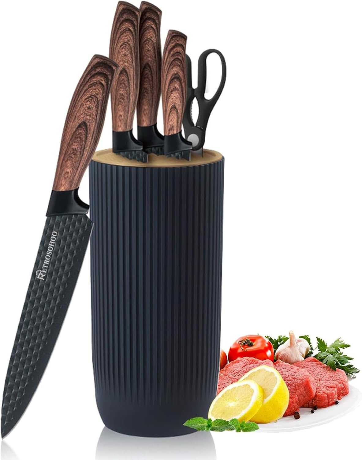 Kitchen Knife Set, 6-Pieces Khaki Sharp Knife Block Sets for Kitchen, Non-stick Non-slip Stainless Steel Chef knives with Universal Block Suitable for Home Restaurant (Khaki)