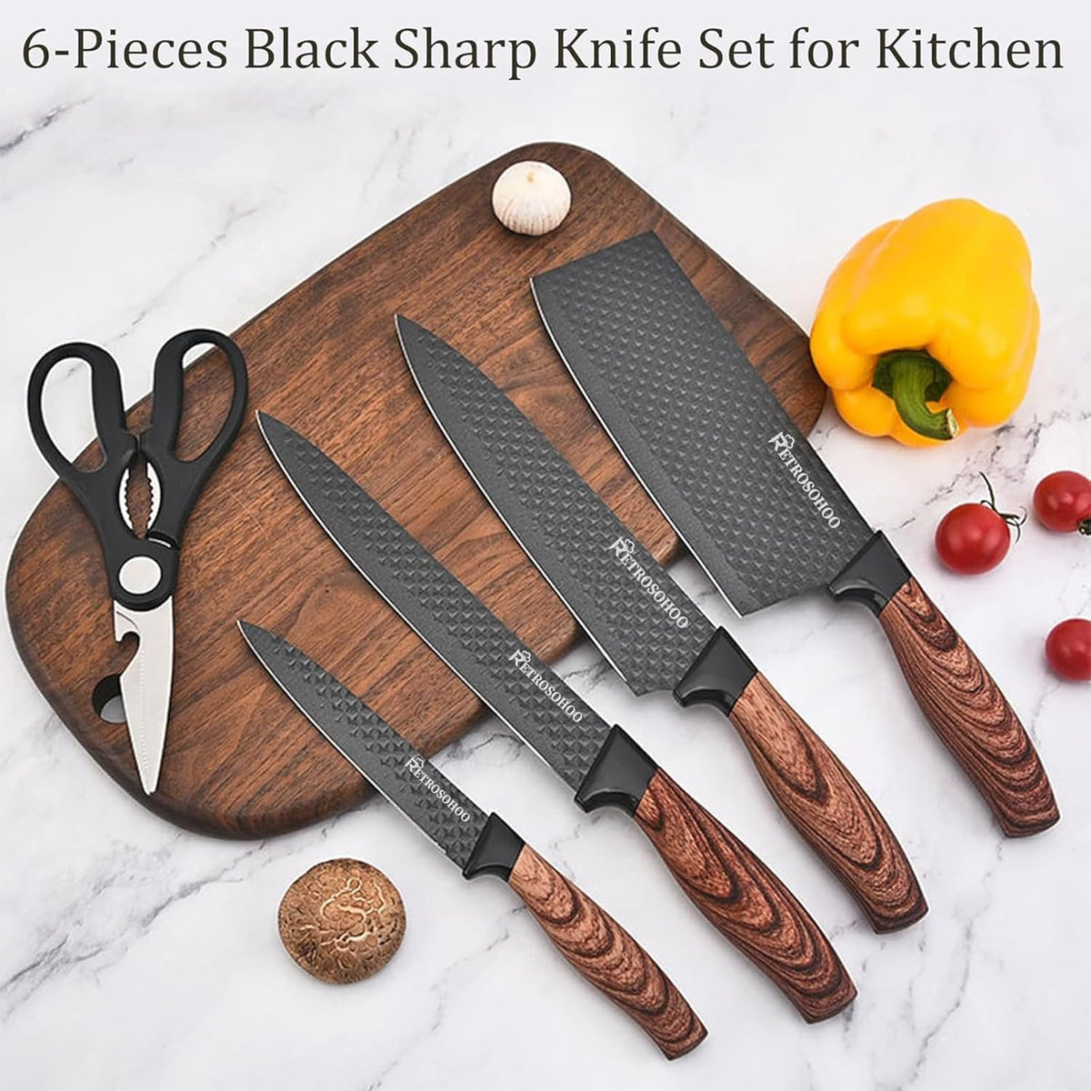 Kitchen Knife Set, 6-Pieces Khaki Sharp Knife Block Sets for Kitchen, Non-stick Non-slip Stainless Steel Chef knives with Universal Block Suitable for Home Restaurant (Khaki)