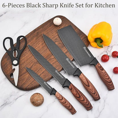 Kitchen Knife Set, 6-Pieces Khaki Sharp Knife Block Sets for Kitchen, Non-stick Non-slip Stainless Steel Chef knives with Universal Block Suitable for Home Restaurant (Khaki)