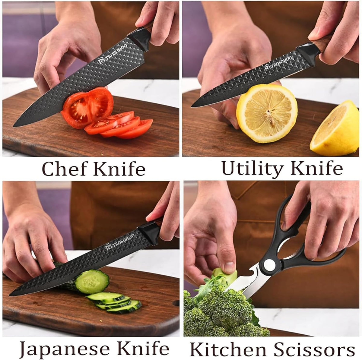 Kitchen Knife Set, 6-Pieces Khaki Sharp Knife Block Sets for Kitchen, Non-stick Non-slip Stainless Steel Chef knives with Universal Block Suitable for Home Restaurant (Khaki)