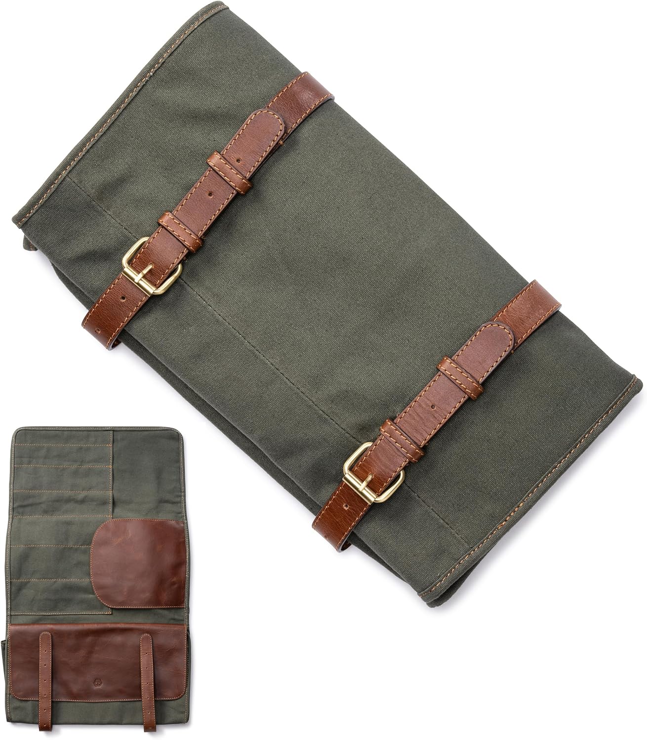 XXL knife bag with 16 slots & plenty of space - multifunctional bag & tool bag made of canvas & leather - knives roll bag for chefs Marc (Olive-green)