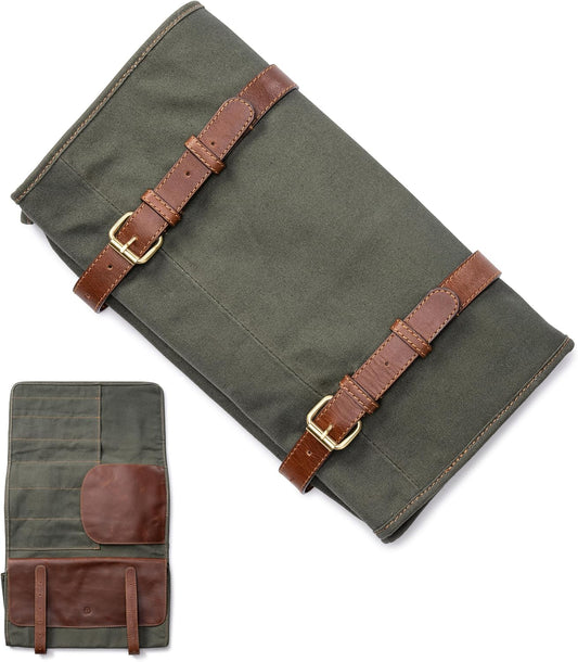 XXL knife bag with 16 slots & plenty of space - multifunctional bag & tool bag made of canvas & leather - knives roll bag for chefs Marc (Olive-green)