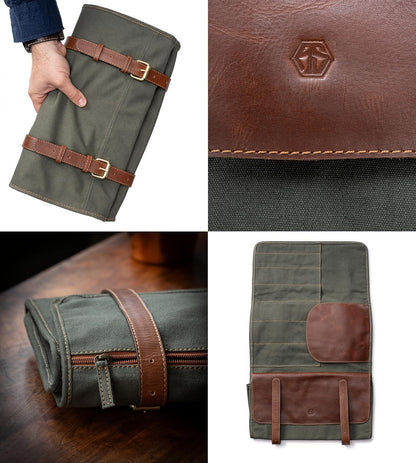 XXL knife bag with 16 slots & plenty of space - multifunctional bag & tool bag made of canvas & leather - knives roll bag for chefs Marc (Olive-green)