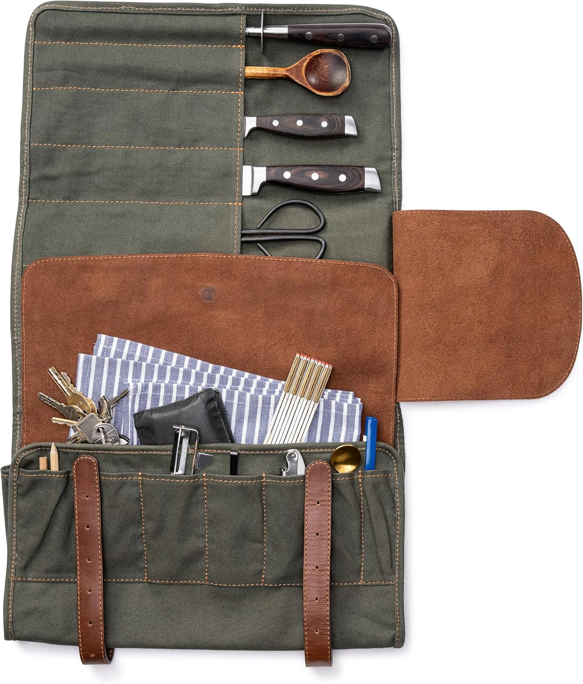 XXL knife bag with 16 slots & plenty of space - multifunctional bag & tool bag made of canvas & leather - knives roll bag for chefs Marc (Olive-green)