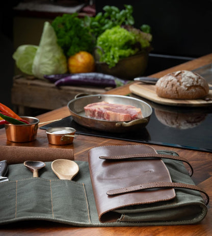 XXL knife bag with 16 slots & plenty of space - multifunctional bag & tool bag made of canvas & leather - knives roll bag for chefs Marc (Olive-green)