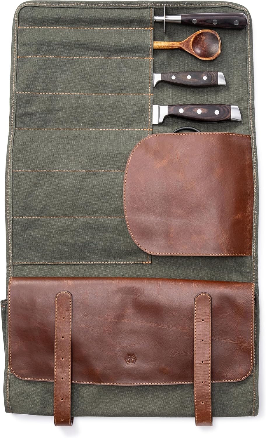 XXL knife bag with 16 slots & plenty of space - multifunctional bag & tool bag made of canvas & leather - knives roll bag for chefs Marc (Olive-green)