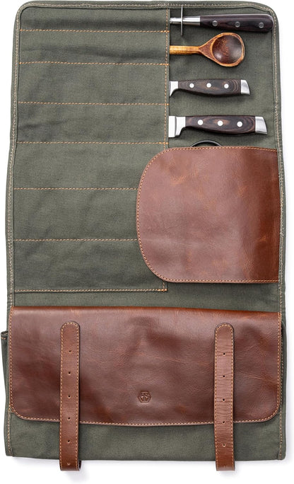 XXL knife bag with 16 slots & plenty of space - multifunctional bag & tool bag made of canvas & leather - knives roll bag for chefs Marc (Olive-green)
