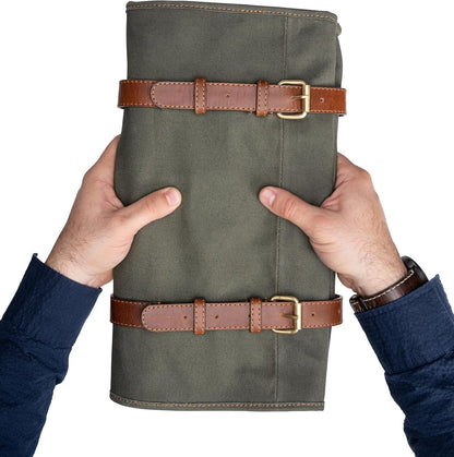 XXL knife bag with 16 slots & plenty of space - multifunctional bag & tool bag made of canvas & leather - knives roll bag for chefs Marc (Olive-green)