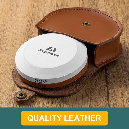 Axe Sharpener - Multipurpose Axe/Hatchet Sharpening Stone - Whetstone Blade & Tool Sharpener, Dual Grit 180/320 Sharpening Puck with Leather Sheath