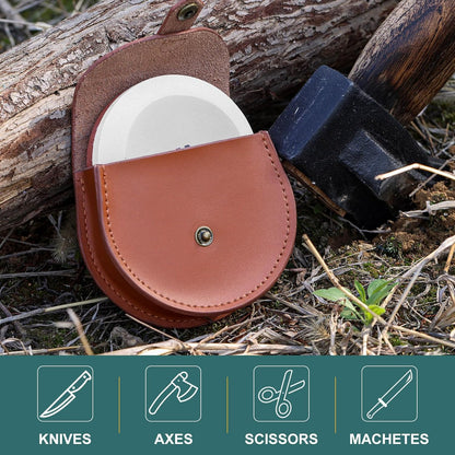 Axe Sharpener - Multipurpose Axe/Hatchet Sharpening Stone - Whetstone Blade & Tool Sharpener, Dual Grit 180/320 Sharpening Puck with Leather Sheath