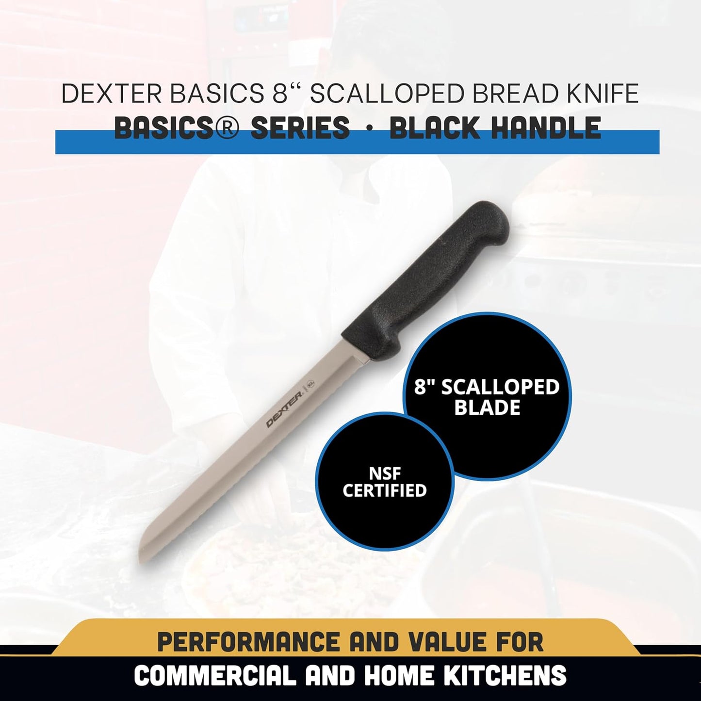 P94803B Basics (31603B) Bread Knife, 8", Scalloped Edge, Stain-Free, high-Carbon Steel, Textured, Polypropylene Black Handle, NSF Certified‌‍‌‌‌‍‌‌‌‍‌‌‍‌‌‌‌‍‌‌‌‍
