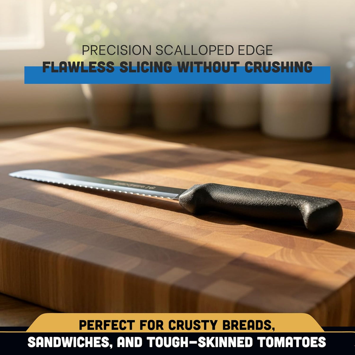 P94803B Basics (31603B) Bread Knife, 8", Scalloped Edge, Stain-Free, high-Carbon Steel, Textured, Polypropylene Black Handle, NSF Certified‌‍‌‌‌‍‌‌‌‍‌‌‍‌‌‌‌‍‌‌‌‍