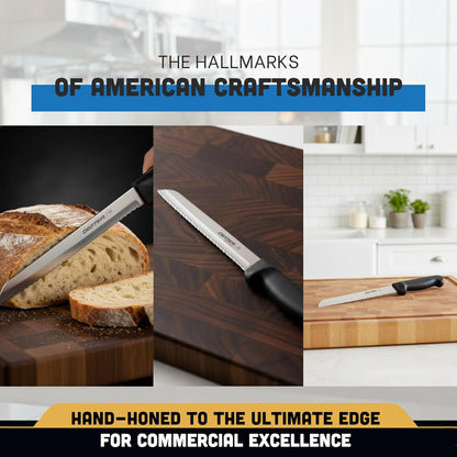 P94803B Basics (31603B) Bread Knife, 8", Scalloped Edge, Stain-Free, high-Carbon Steel, Textured, Polypropylene Black Handle, NSF Certified‌‍‌‌‌‍‌‌‌‍‌‌‍‌‌‌‌‍‌‌‌‍