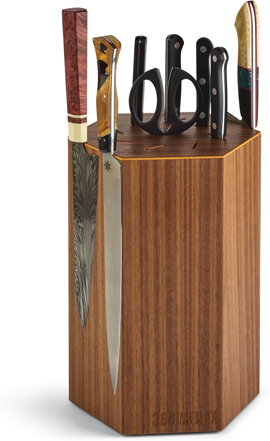 360KnifeBlock® MAX (walnut) ROTATING Magnetic Knife Block | 12" tall with an array of top slots SeriousEats/Food&Wine/ATK BEST Universal Knife Block - handmade in Washington