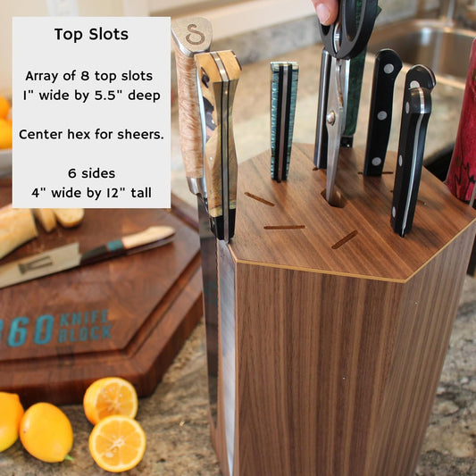 360KnifeBlock® MAX (walnut) ROTATING Magnetic Knife Block | 12" tall with an array of top slots SeriousEats/Food&Wine/ATK BEST Universal Knife Block - handmade in Washington