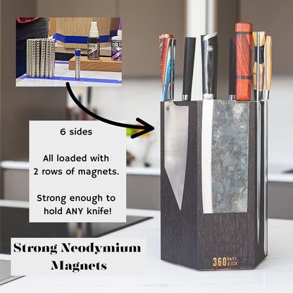 360KnifeBlock® MAX (walnut) ROTATING Magnetic Knife Block | 12" tall with an array of top slots SeriousEats/Food&Wine/ATK BEST Universal Knife Block - handmade in Washington
