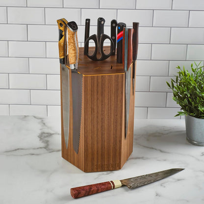 360KnifeBlock® MAX (walnut) ROTATING Magnetic Knife Block | 12" tall with an array of top slots SeriousEats/Food&Wine/ATK BEST Universal Knife Block - handmade in Washington