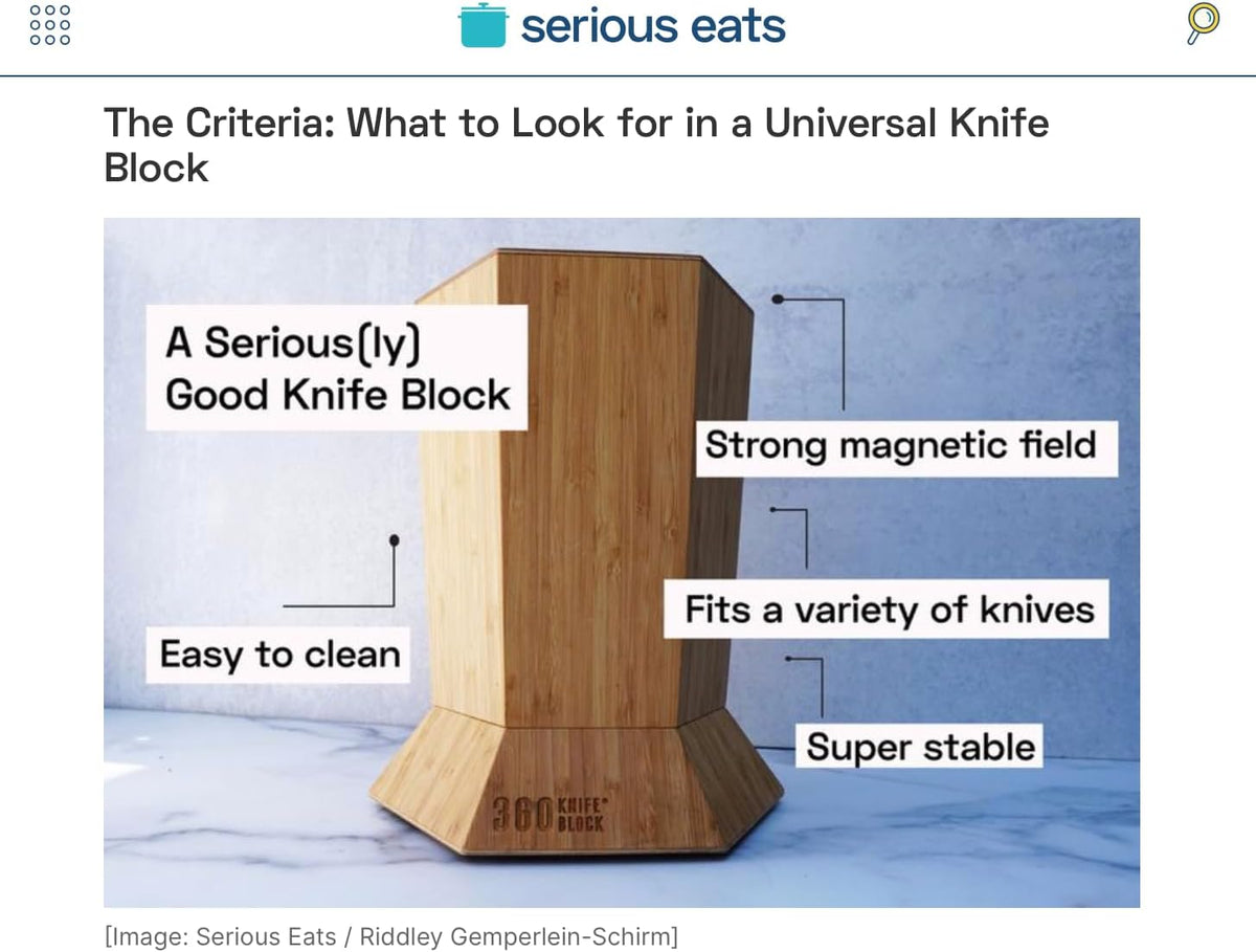 360KnifeBlock® MAX (walnut) ROTATING Magnetic Knife Block | 12" tall with an array of top slots SeriousEats/Food&Wine/ATK BEST Universal Knife Block - handmade in Washington