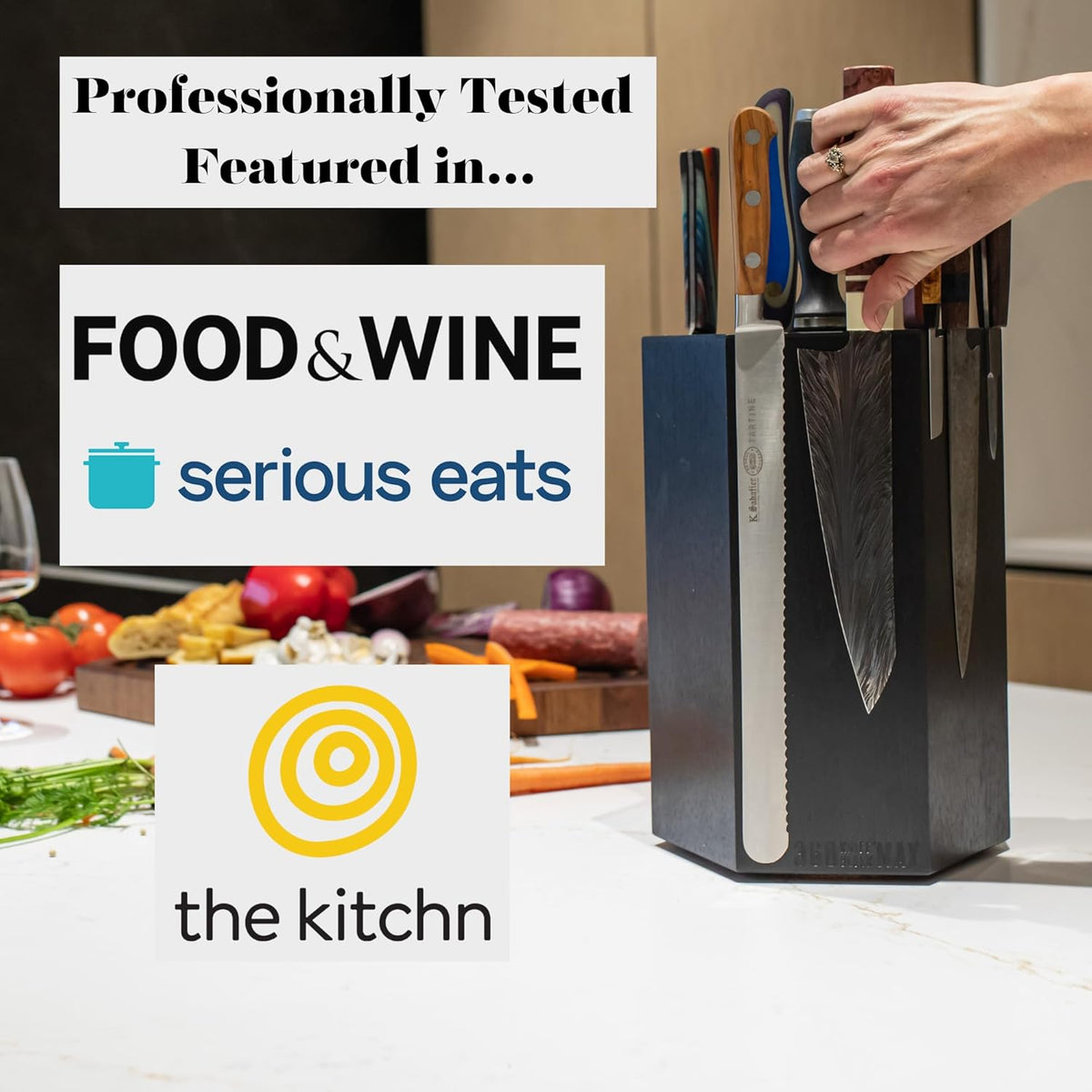 360KnifeBlock® MAX (walnut) ROTATING Magnetic Knife Block | 12" tall with an array of top slots SeriousEats/Food&Wine/ATK BEST Universal Knife Block - handmade in Washington