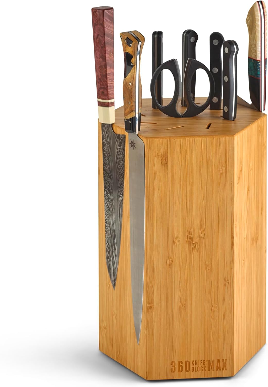 360KnifeBlock® MAX (walnut) ROTATING Magnetic Knife Block | 12" tall with an array of top slots SeriousEats/Food&Wine/ATK BEST Universal Knife Block - handmade in Washington