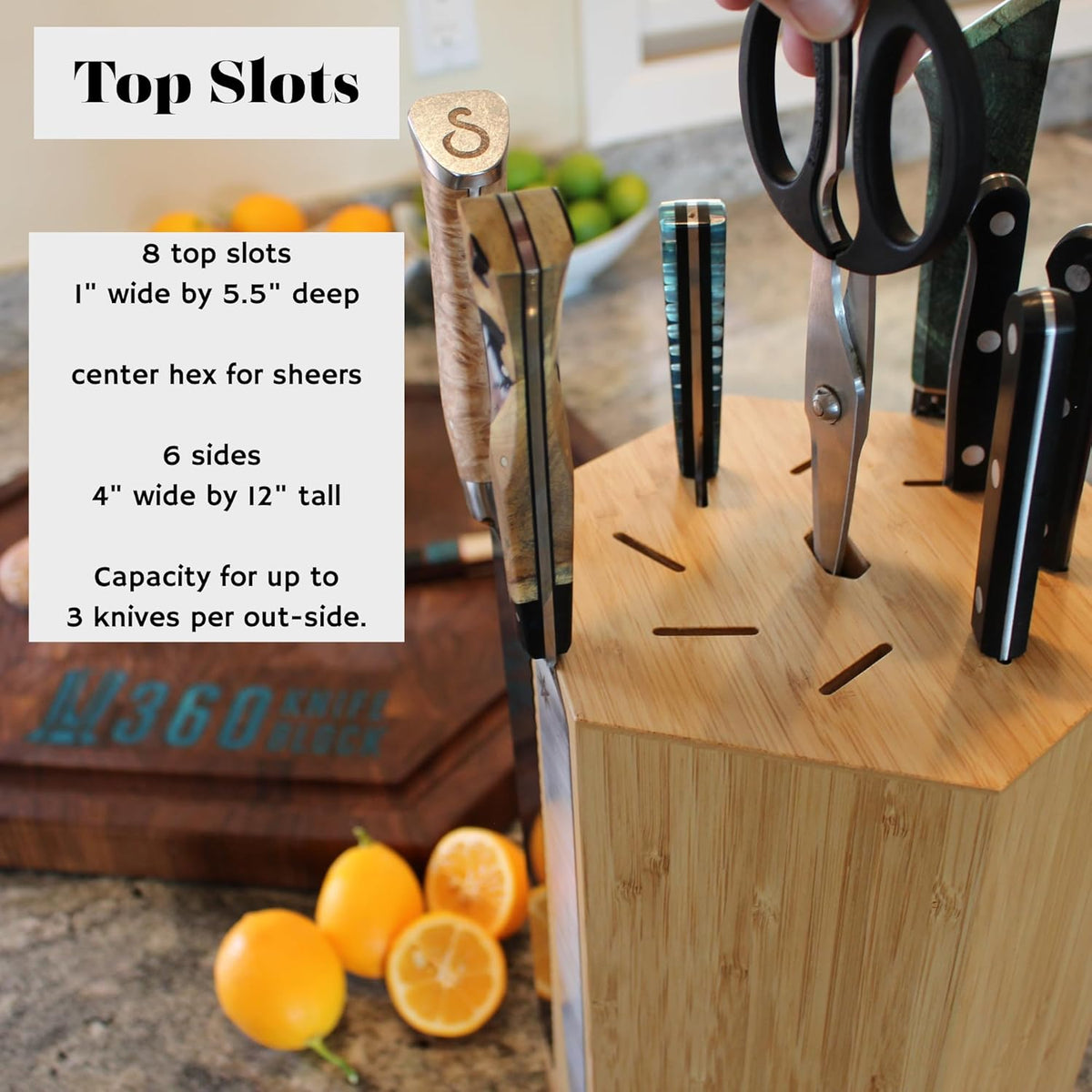 360KnifeBlock® MAX (walnut) ROTATING Magnetic Knife Block | 12" tall with an array of top slots SeriousEats/Food&Wine/ATK BEST Universal Knife Block - handmade in Washington