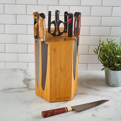 360KnifeBlock® MAX (walnut) ROTATING Magnetic Knife Block | 12" tall with an array of top slots SeriousEats/Food&Wine/ATK BEST Universal Knife Block - handmade in Washington