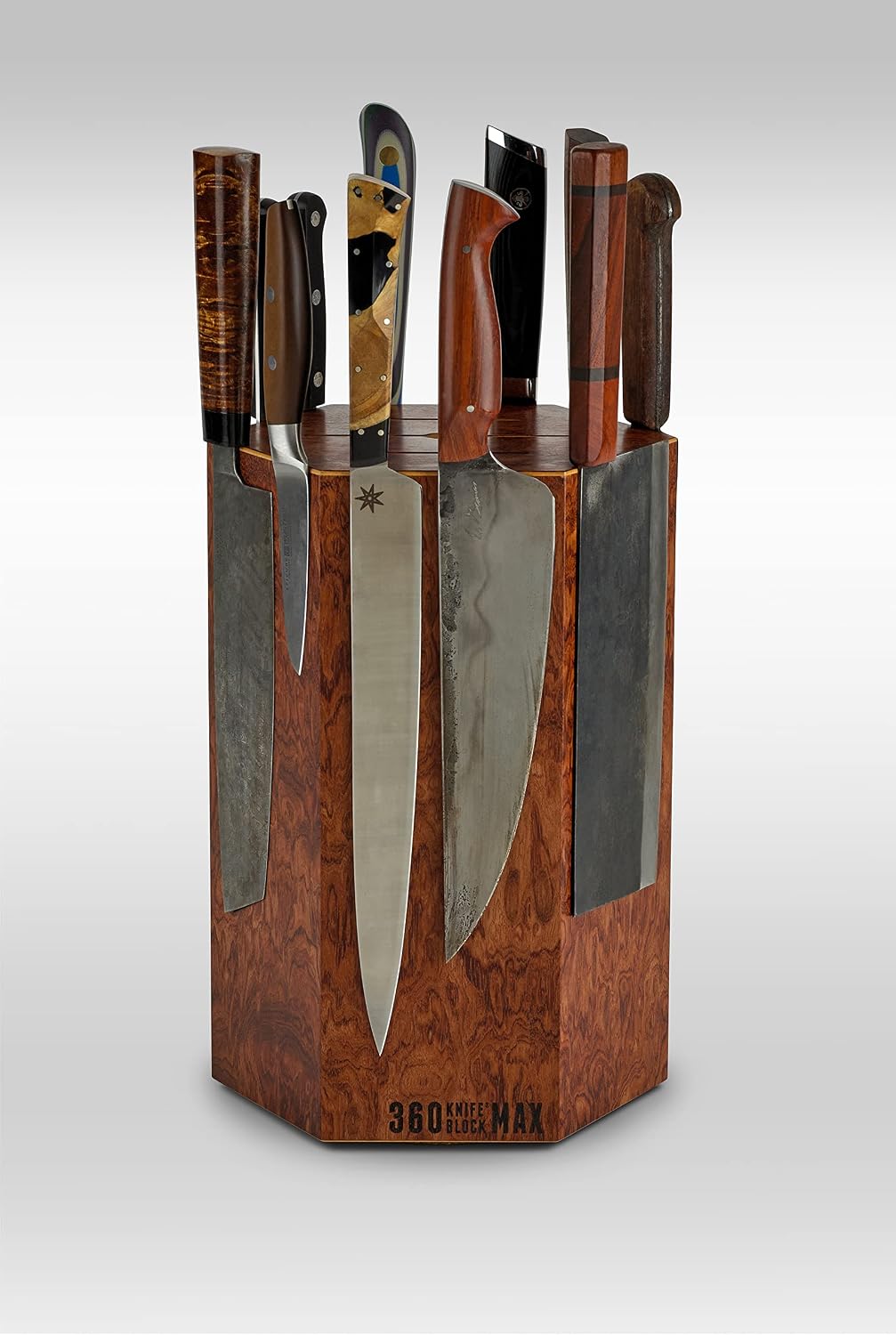 360KnifeBlock® MAX (walnut) ROTATING Magnetic Knife Block | 12" tall with an array of top slots SeriousEats/Food&Wine/ATK BEST Universal Knife Block - handmade in Washington